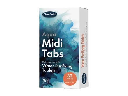 CleanTabs Aqua Midi Tabs Water Purifying Tablets box, featuring a blue and white watercolor design with an orange circular badge indicating 32 tablets.