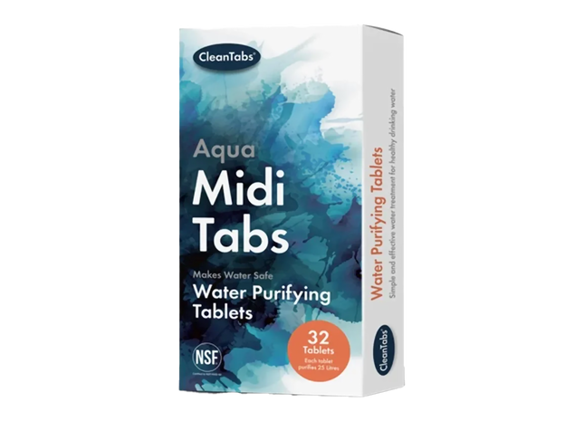 CleanTabs Aqua Midi Tabs Water Purifying Tablets box, featuring a blue and white watercolor design with an orange circular badge indicating 32 tablets.