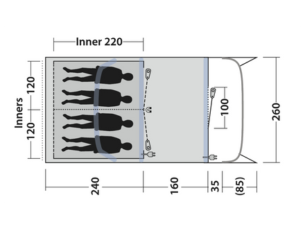 Measurement chart of a sleeping bag with dimensions labeled
