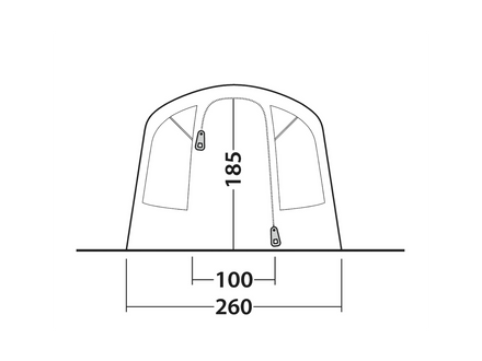 Line drawing of a tent with dimensions labeled on a white background