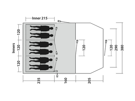 Measurement chart of a tentt with dimensions labeled