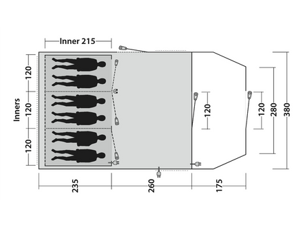 Measurement chart of a tent with dimensions and silhouette illustrations.