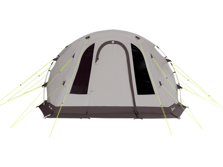 Gray camping tent with black windows on a white background
