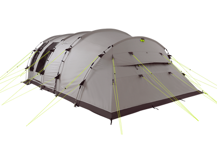 Gray camping tent with yellow ropes on a white background
