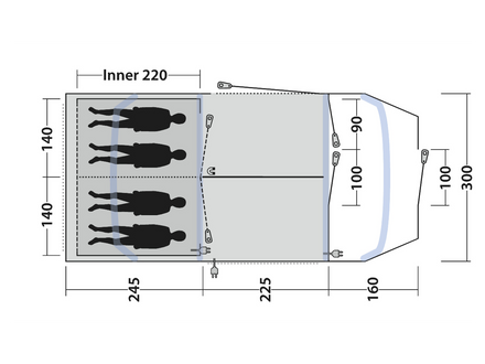 Measurement chart of a tent's interior dimensions with black silhouette figures.