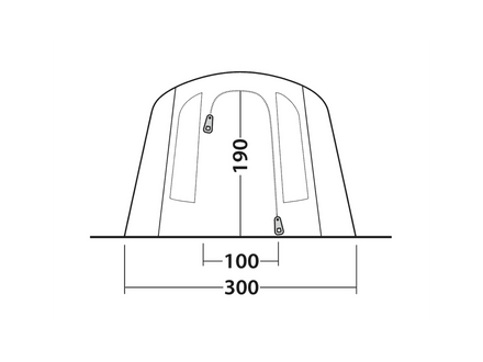 Technical drawing of a tent with dimensions on a white background