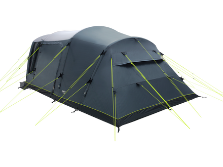 Black camping tent with yellow ropes on a white background