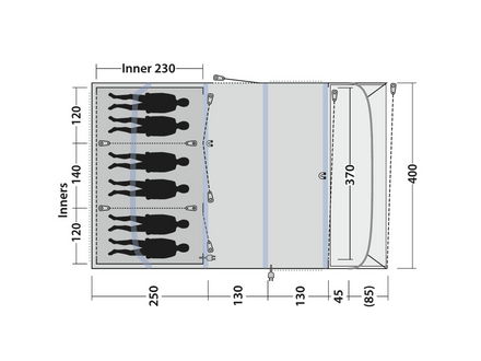 Measurement chart of a tent with dimensions and silhouette illustrations.
