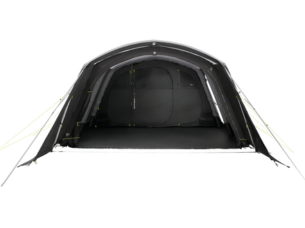 Grey and black tent with front door open on a white background