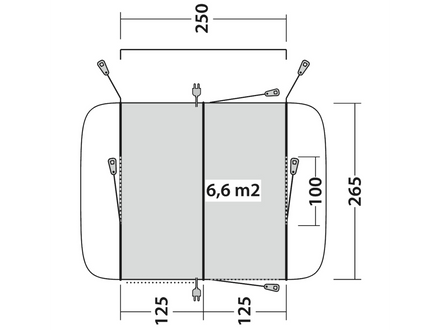 Measurement chart of an awning with dimensions labeled.