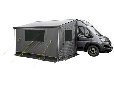 Gray camping awning attached to a van on a white background