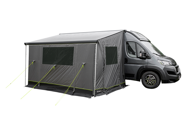 Gray camping awning attached to a van on a white background