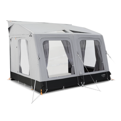 Camping tent with a black base and gray walls on a white background