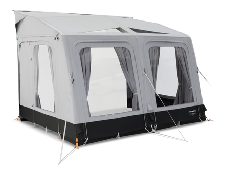 Camping tent with a black base and gray walls on a white background