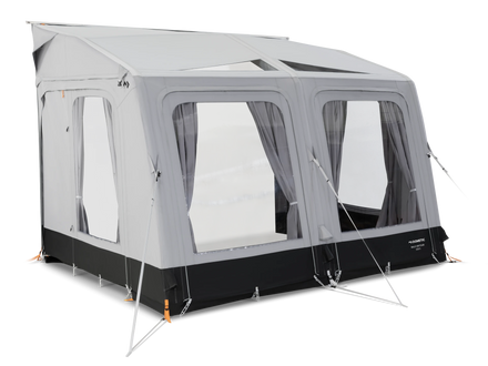 Camping tent with a black base and gray walls on a white background