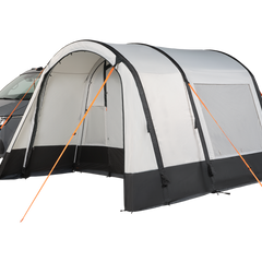 white and black awning attached to a camper van