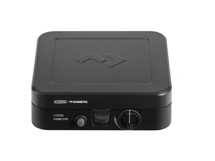 Black portable stove with Cadac Dometic branding on a white background