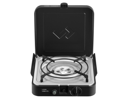 Portable gas stove with a black lid on a white background
