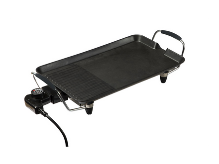 Black electric griddle on a white background
