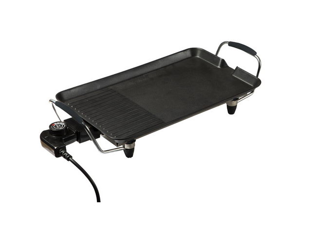 Black electric griddle on a white background