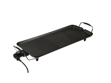 Black electric griddle on a white background