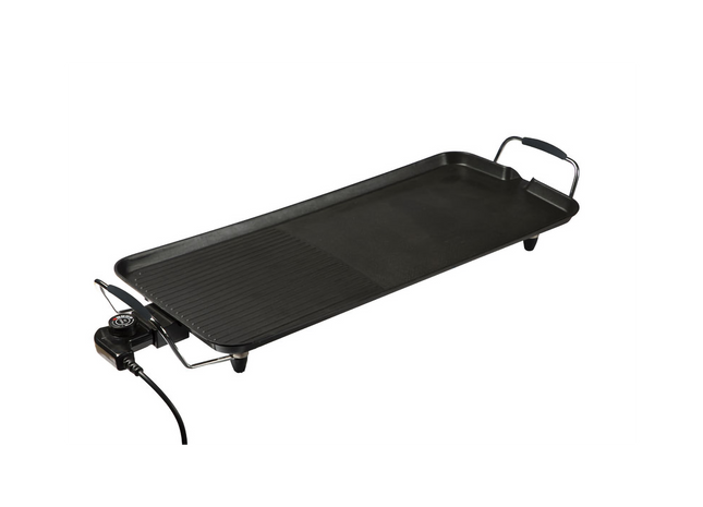 Black electric griddle on a white background
