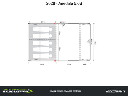Technical drawing of a product labeled '2026 - Airedale 5.0S' with dimensions on a white background.
