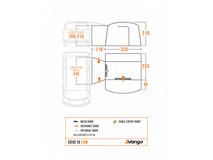 A technical dimension diagram for a Vango Cove IV Low, showing front and side vehicle cross-sections with measurements, cable entry point, and connection site annotations.