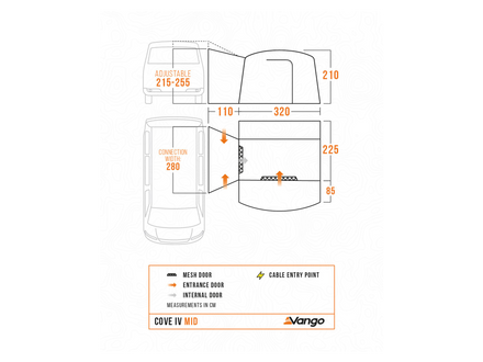 A technical dimension diagram for a Vango Cove IV MID vehicle door, showing front and side views with measurements, cable entry point, and door labels on a white background.