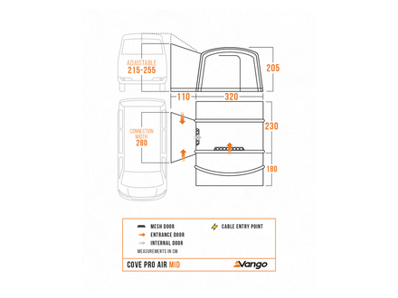 A technical dimension diagram of a van door assembly, showing front and side views with measurements in millimeters. The diagram includes labels for web door, entrance door, internal door, cable entry point, and notes for Cove Pro Air Mid and Vango.
