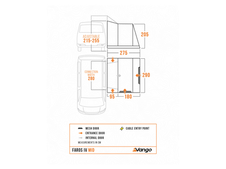 A technical dimension diagram for a Vango FABOS IV MID vehicleawning, showing front and side views with measurements in millimeters for the web door, entrance door, internal door, and cable entry point.