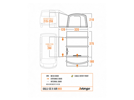 A technical dimension diagram for the Galli  2 Air mid awning, showing front and rear measurements, cable entry point, and labels for external and internal doors on a white background.