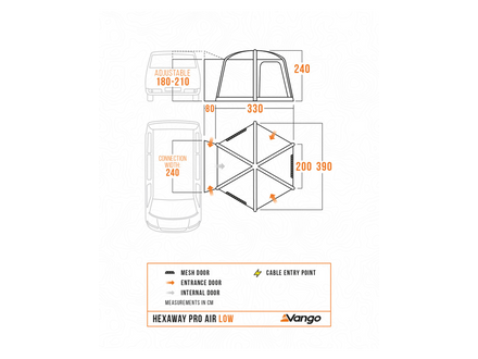 Technical dimension diagram for the Vango Hexaway Pro Air Low vehicle door and entry point measurements, showing front, side, and top-down views with labeled dimensions on a white background.