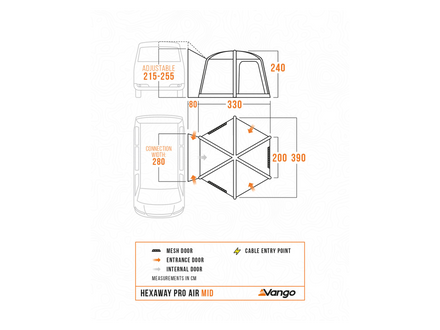 A technical dimension diagram of the Vango Hexaway Pro Air Mid canopy, showing a side profile and front view with measurements, mounting points, and labels on a white background.