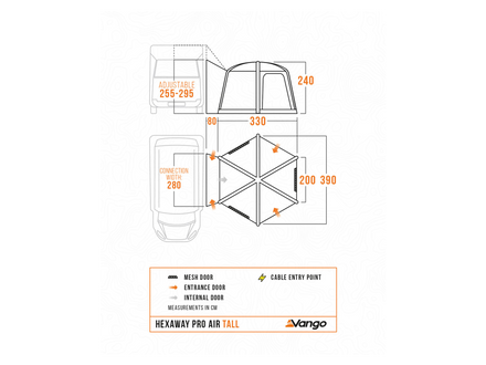 Technical dimension diagram of the Vango Hexaway Pro Air Tall vehicle, showing front and side views with measurements, entry door markings, and a legend at the bottom.