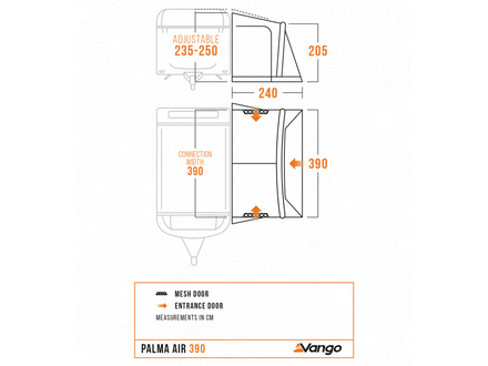 A technical dimension diagram of a Vango Palma Air 390 air awning, showing measurements for the mesh door, entrance door, and filter body in millimeters.