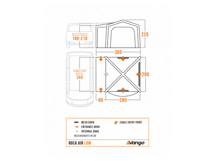 A technical fitment diagram for a Vango Roca Air Low vehicle door, showing front and side views with orange dimension markings and labels for entrance door, internal door, and cable entry point.