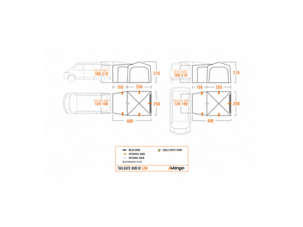 A technical dimension diagram showing two sets of awning measurments for a Vangoawning. The diagram includes front and side profile measurements with orange lines and text labels on a white background.