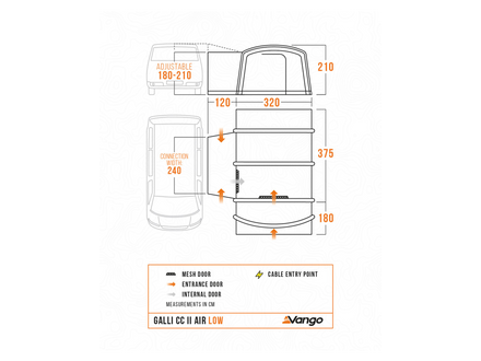 Technical dimension diagram of a Vango Galli CC 2 Air low awning, showing measurements for the external door, internal door, webbing door, and cable entry point.
