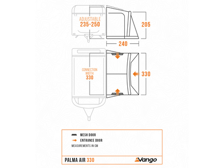 Technical dimension diagram of the Vango Palma Air 330 entrance door, showing front and side measurements in centimeters with orange labels on a white background.