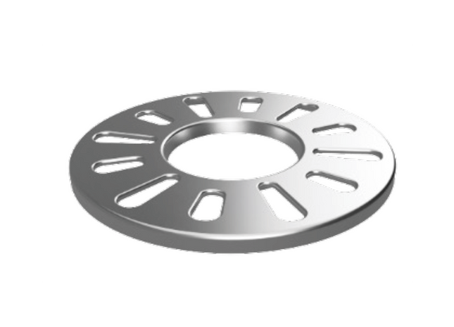 Metallic disc with slotted design on a white background