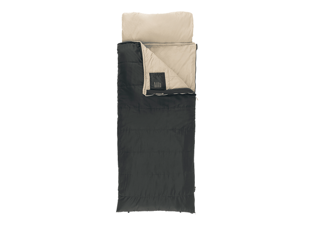 Grey sleeping bag wih a cream inner lining on a white background