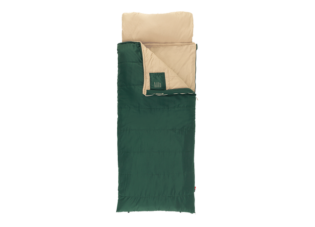 Green sleeping bag with a cream inner lining on a white background