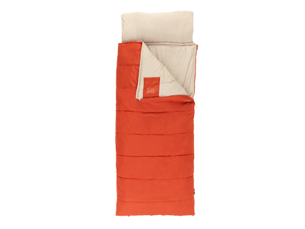 Orange and beige sleeping bag on a white background