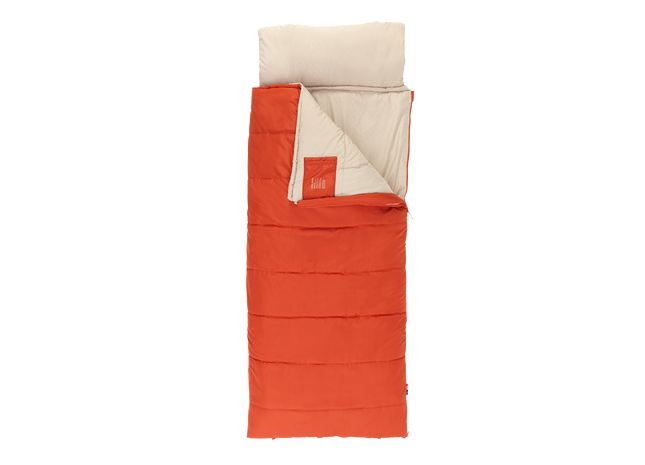 Orange and beige sleeping bag on a white background