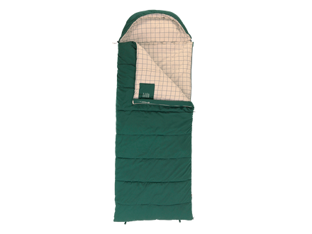 A dark green sleeping bag with a beige and green grid-patterned interior lining, shown on a plain white background.