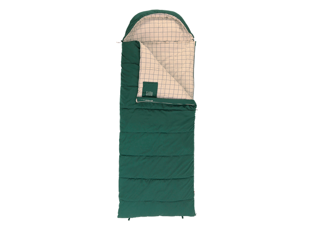 A dark green sleeping bag with a beige and green grid-patterned interior lining, shown on a plain white background.