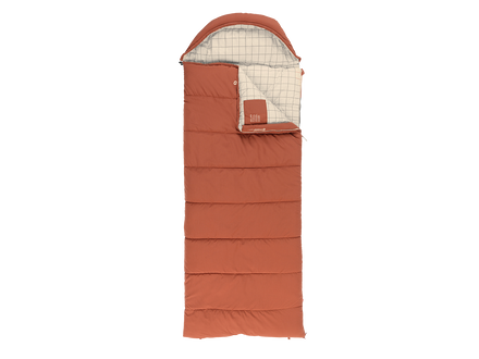 A single sleeping bag shown flat against a solid black background. The sleeping bag is terracotta orange on the outside with a cream and gray grid-patterned interior lining.