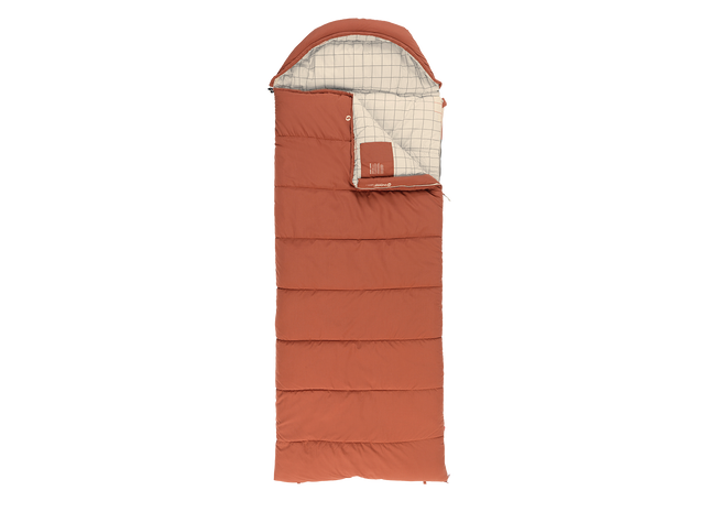 A single sleeping bag shown flat against a solid black background. The sleeping bag is terracotta orange on the outside with a cream and gray grid-patterned interior lining.