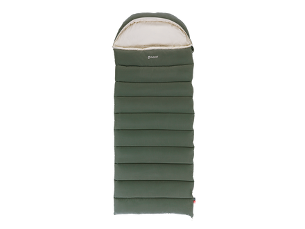 green sleeping bag with gold accents on a white background